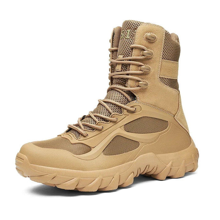 Pair of men's waterproof tactical boots, lightweight & durable for challenging outdoor terrain.