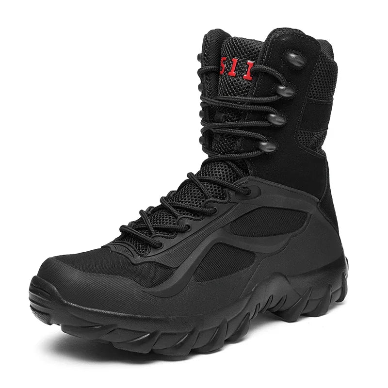 Men's waterproof tactical boots, versatile outdoor footwear for hiking, work, and rugged use.