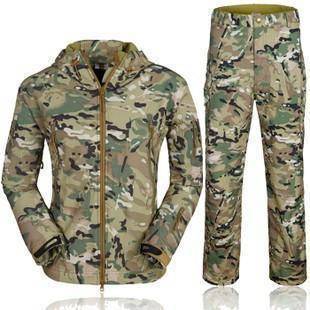 Close-up of waterproof fabric on a men's tactical hunting jacket and pants set