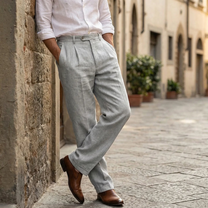 Men's Wesley pleated straight leg pants, ideal for smart casual or business attire. Versatile comfort.