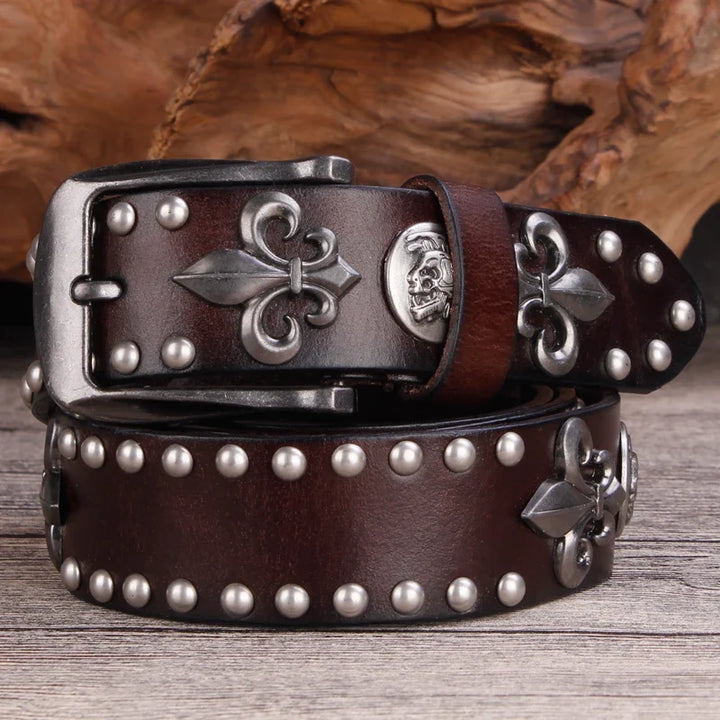 Detailed men's western belt, featuring rows of studs & a unique Fleur-de-Lis buckle for an authentic cowboy look.