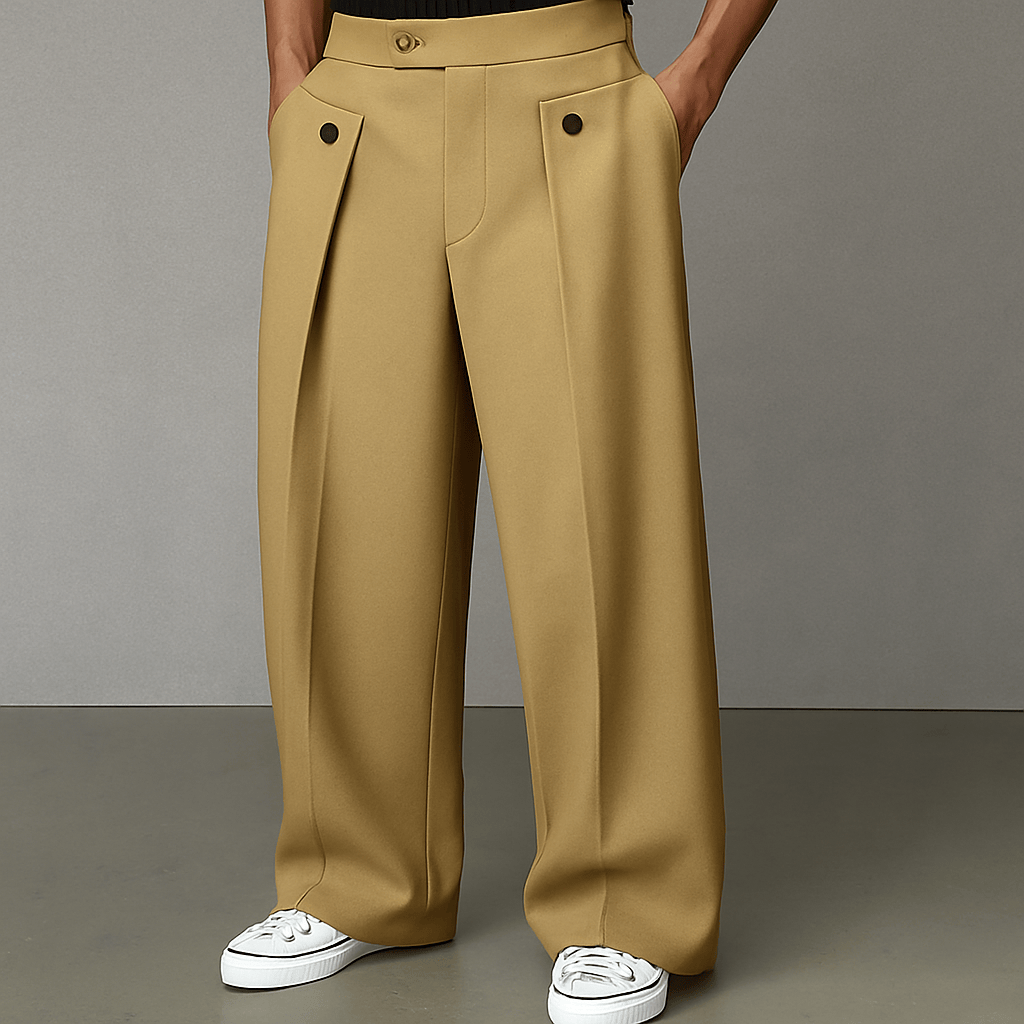 Flared men's wide-leg pants, perfect for smart casual outfits, offering comfort and a contemporary look.
