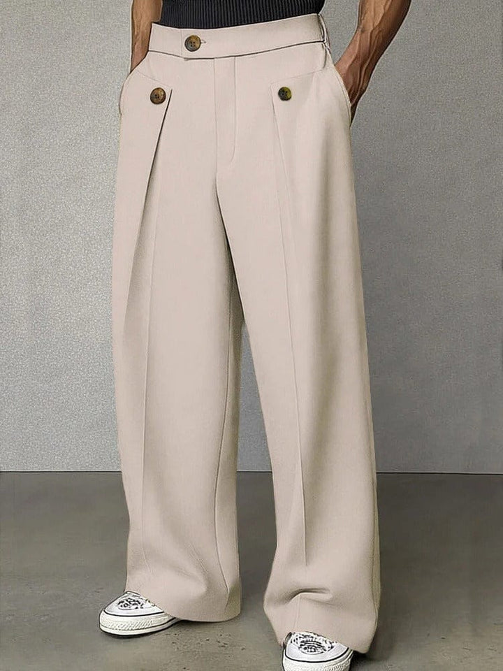 Relaxed fit men's wide-leg pleated pants, ideal for comfortable daily wear or elevated casual styles.