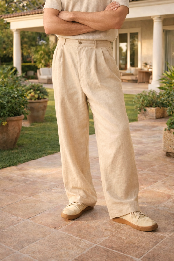 Comfortable men's wide leg pleated trousers. Relaxed fit for spring/summer smart casual & versatile everyday fashion.