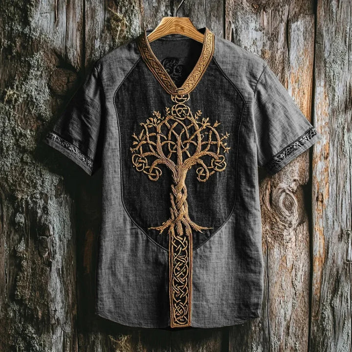 Fashionable men's shirt with mythical Yggdrasil tree embroidery, short sleeve & unique Celtic design.