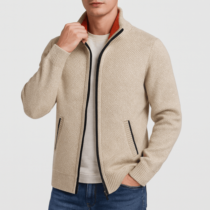 Men's zip-collar knit cardigan in versatile style, perfect for smart casual and layered autumn/winter outfits.