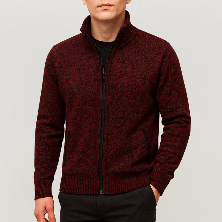Stylish men's zip-collar cardigan for business casual or smart everyday fashion. Versatile men's knitwear.