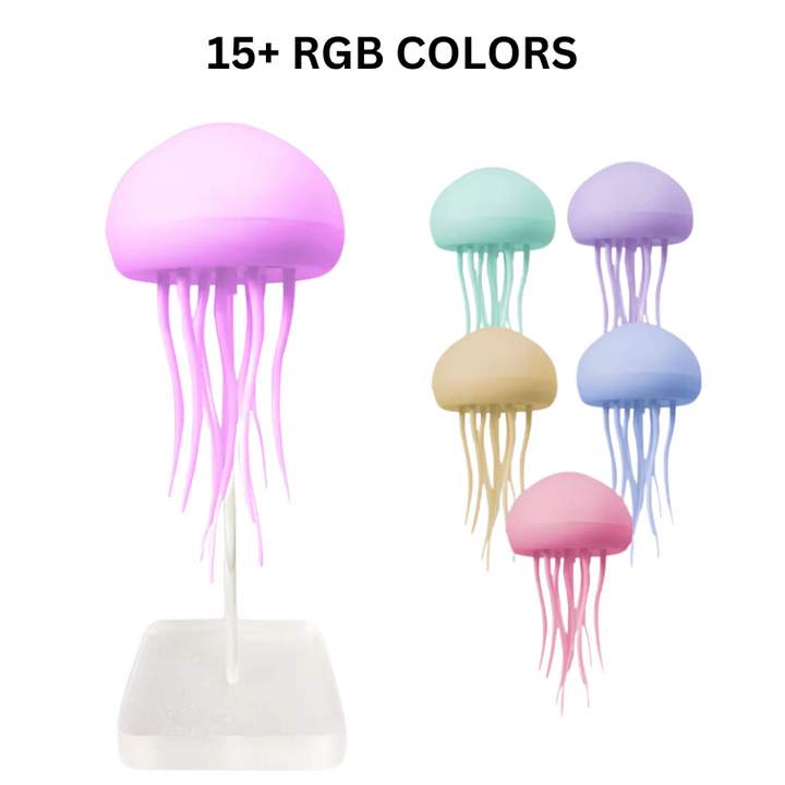 Vibrant jellyfish lamp casting a soothing glow. Sensory mood light ideal for bedrooms, living rooms, or office decor.