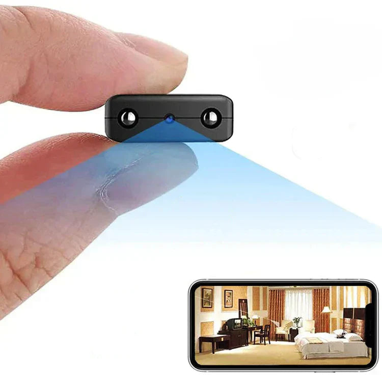 "Microcamera HD WiFi, design compatto, visione notturna, grandangolo, controllo remoto, sicurezza casa/ufficio."