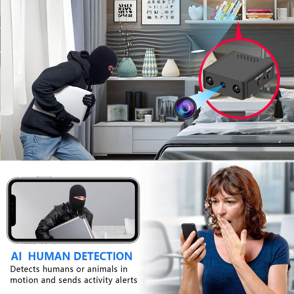 "Microcamera HD WiFi, design compatto, visione notturna, grandangolo, controllo remoto, sicurezza casa/ufficio."