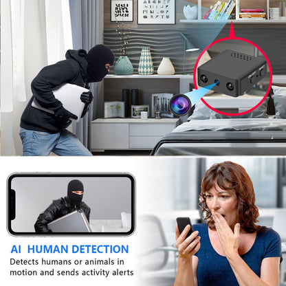 "Microcamera HD WiFi, design compatto, visione notturna, grandangolo, controllo remoto, sicurezza casa/ufficio."