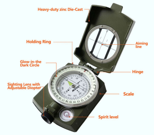 Lensatic military compass with luminous dial for night navigation, essential outdoor gear.