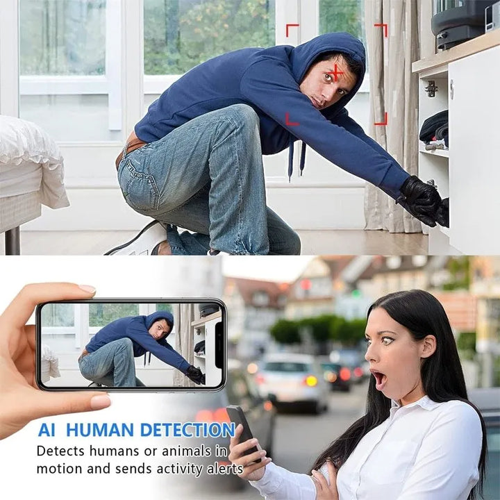 Compact 5G wireless 1080p HD indoor WiFi security camera with night vision & motion detection.
