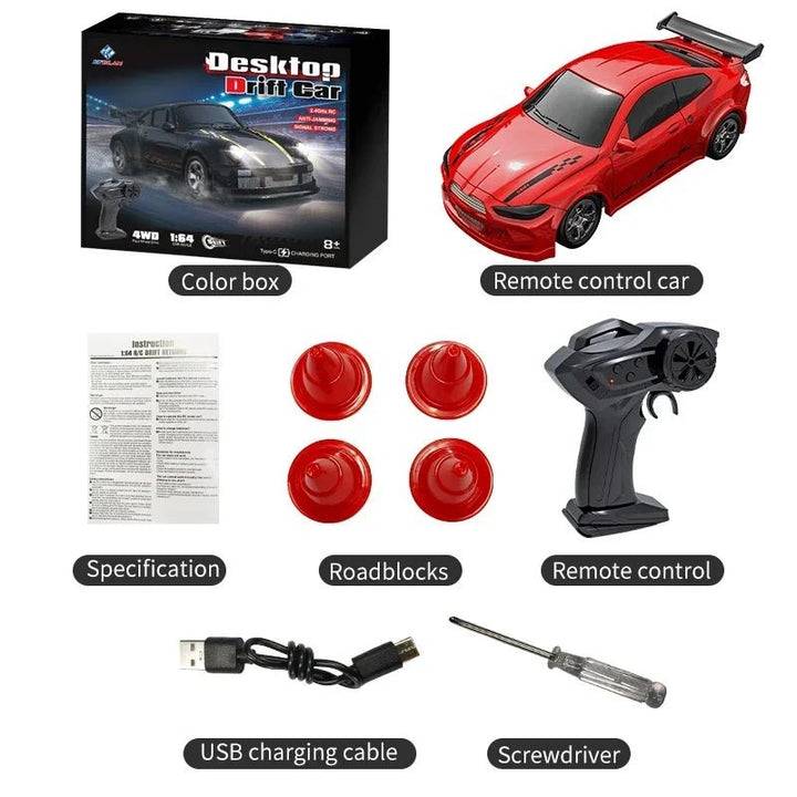 Mini 4WD RC car in packaging, emphasizing stable control, fast acceleration, and 4WD features.