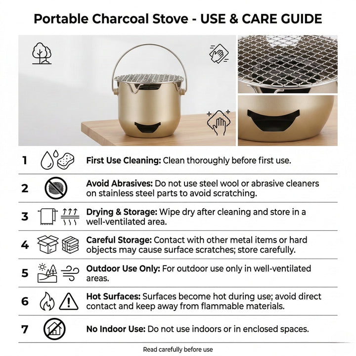Travel-friendly mini charcoal grill in cast iron, perfect for camping, patio, and outdoor BBQ.
