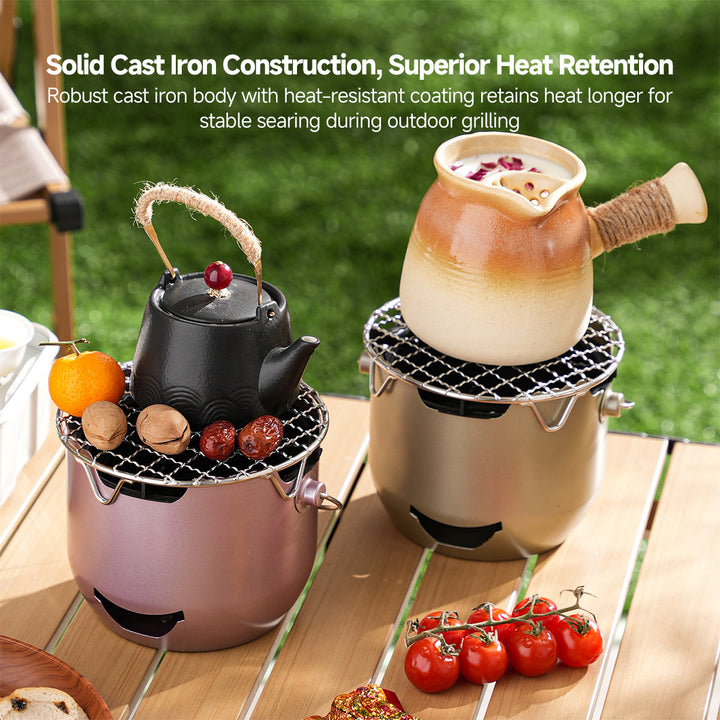 Compact cast iron portable charcoal grill for camping, ideal for tabletop use and outdoor adventures.