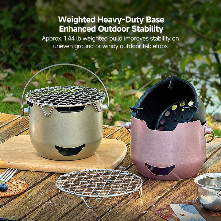 Durable cast iron mini charcoal grill, perfect for camping, patio cooking, and travel BBQ.