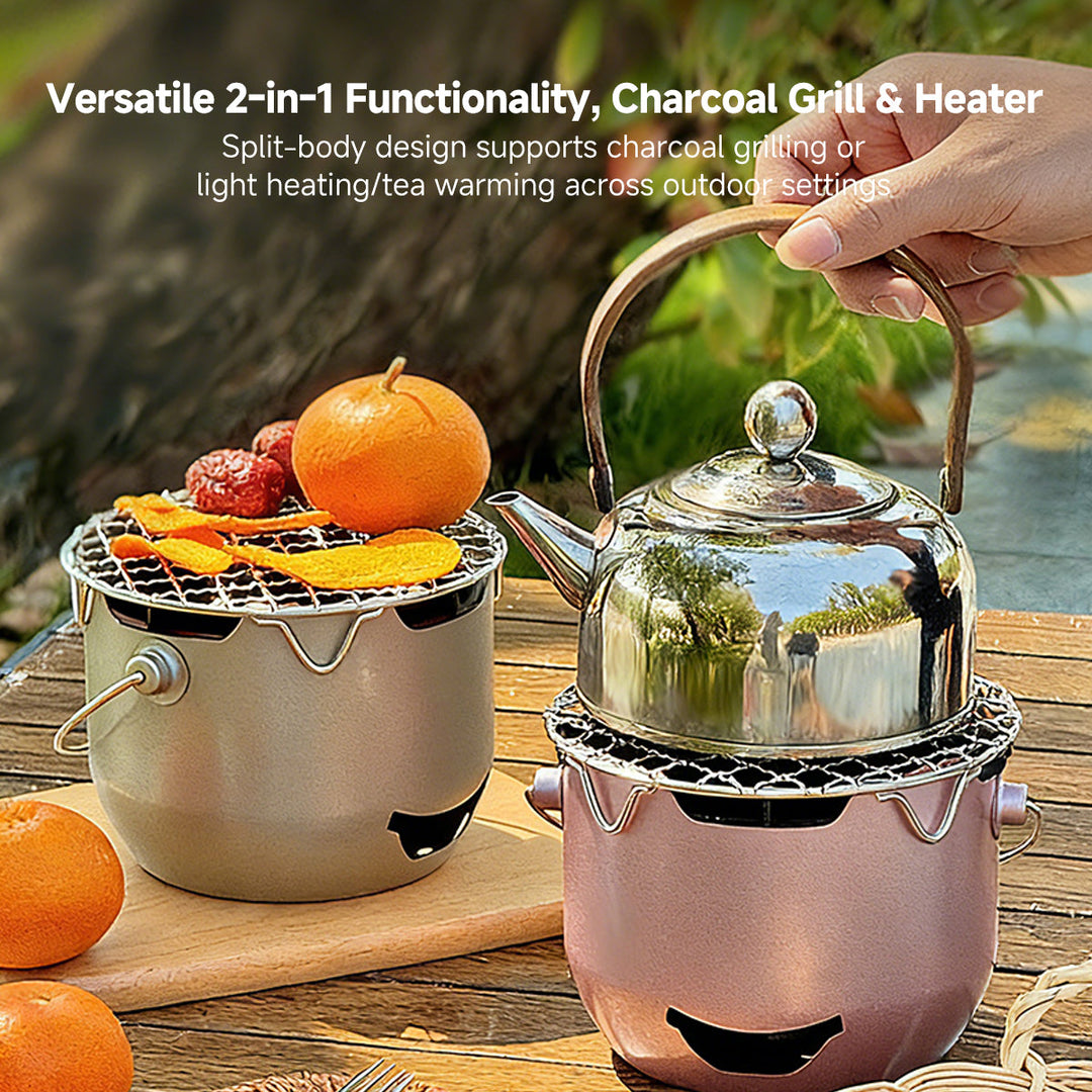 Black cast iron mini charcoal grill for camping, offering a compact and portable cooking solution.