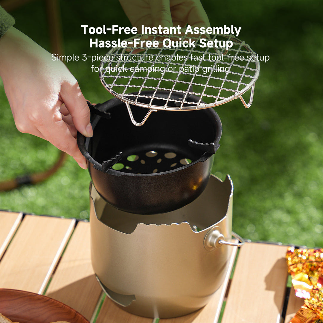 Tabletop cast iron charcoal grill, designed for camping, Korean BBQ, and easy outdoor cooking.