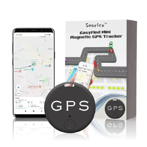 Mini GPS Tracker magnetico nero, compatto e portatile, per tracciamento in tempo reale e facile montaggio su superfici metall