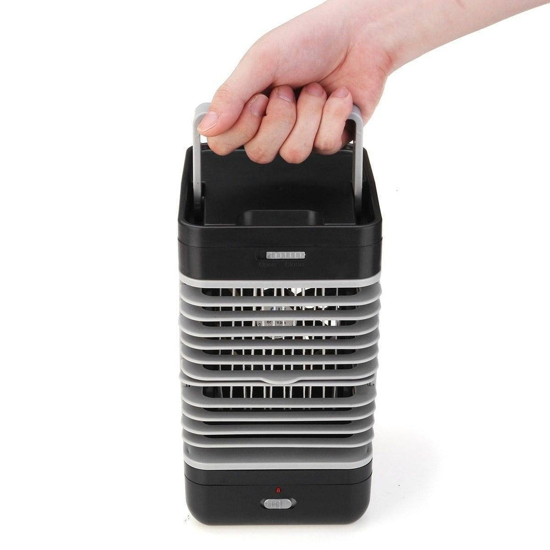 Compact USB air cooler fan with LED light, ideal for desktop use or outdoor camping