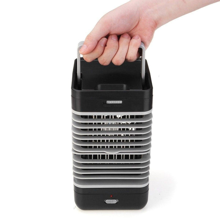 Compact USB air cooler fan with LED light, ideal for desktop use or outdoor camping