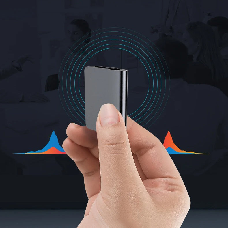 "Mini registratore spia ultrapiatto, nero, design sottile, ideale per registrazioni audio discrete e portatili."