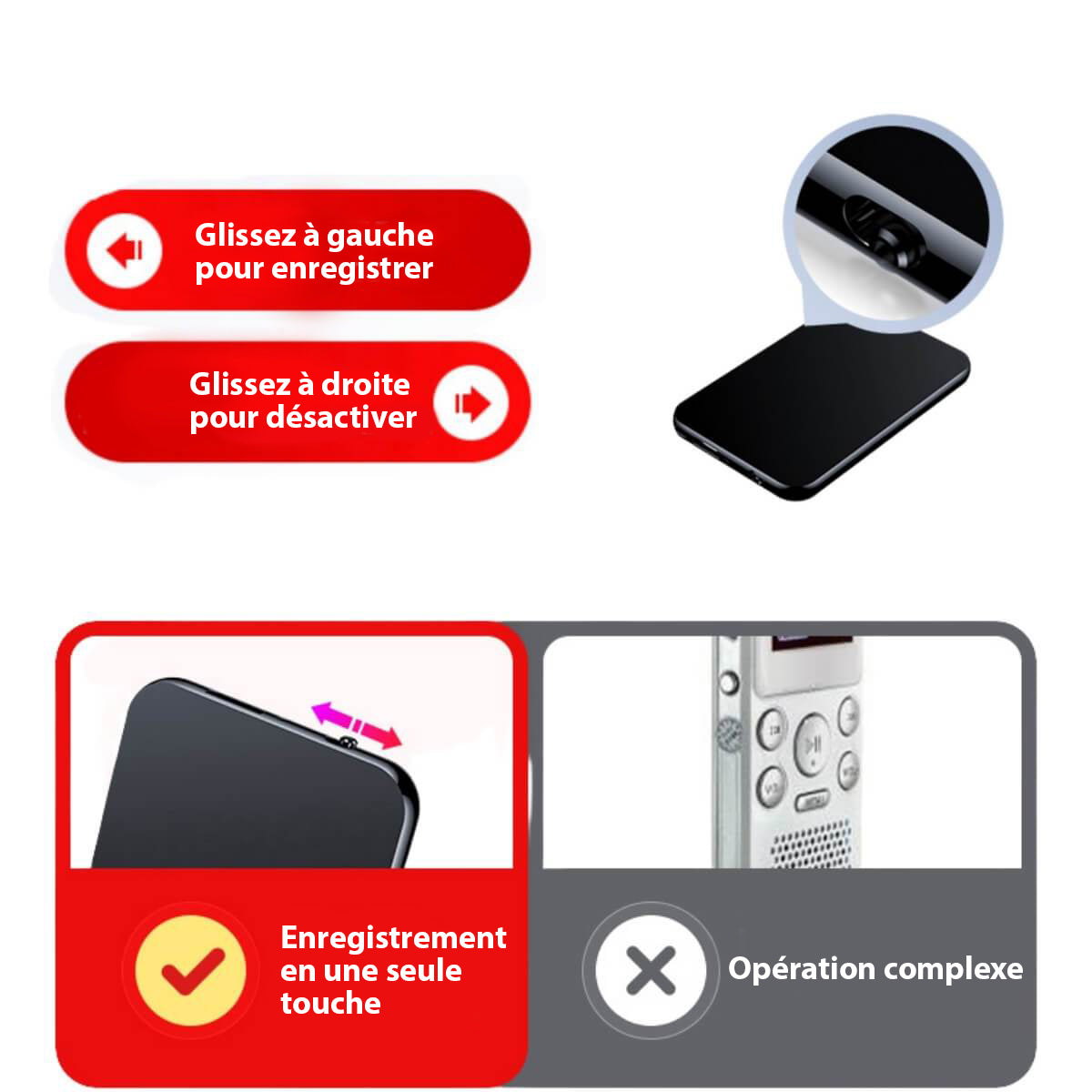 "Mini registratore spia ultrapiatto, nero, design sottile, ideale per registrazioni audio discrete e portatili."