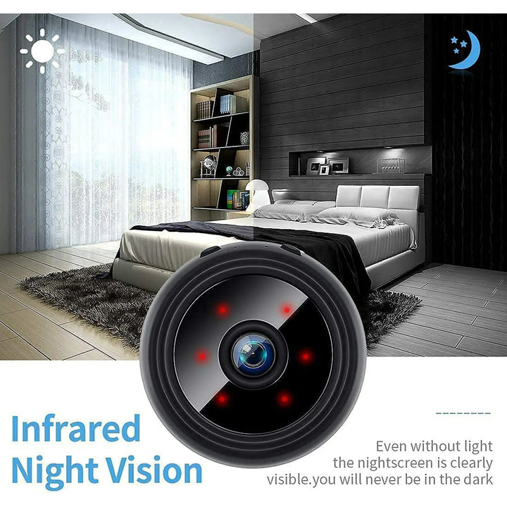 Discreet mini spy camera with wireless live video, audio, night vision, and magnetic mount for covert monitoring.
