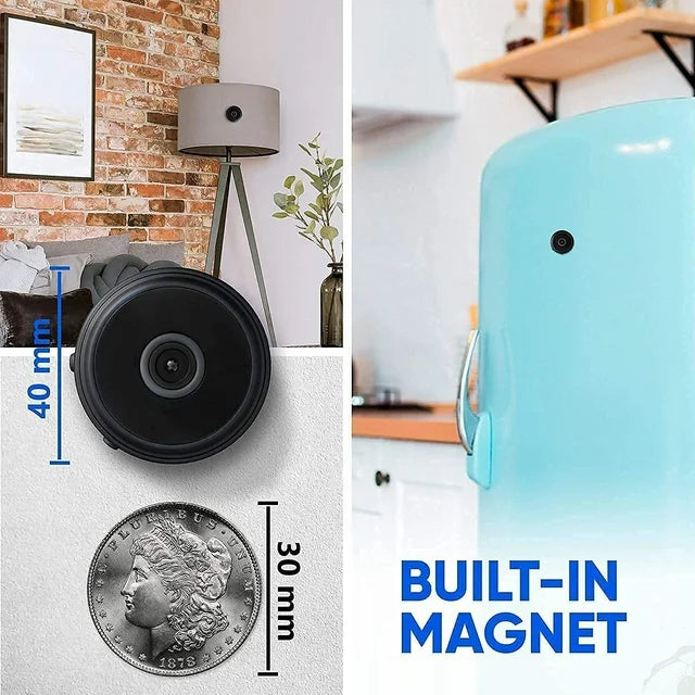 Easy setup mini magnetic wireless camera for home security. Offers live feed, night vision & motion detection.