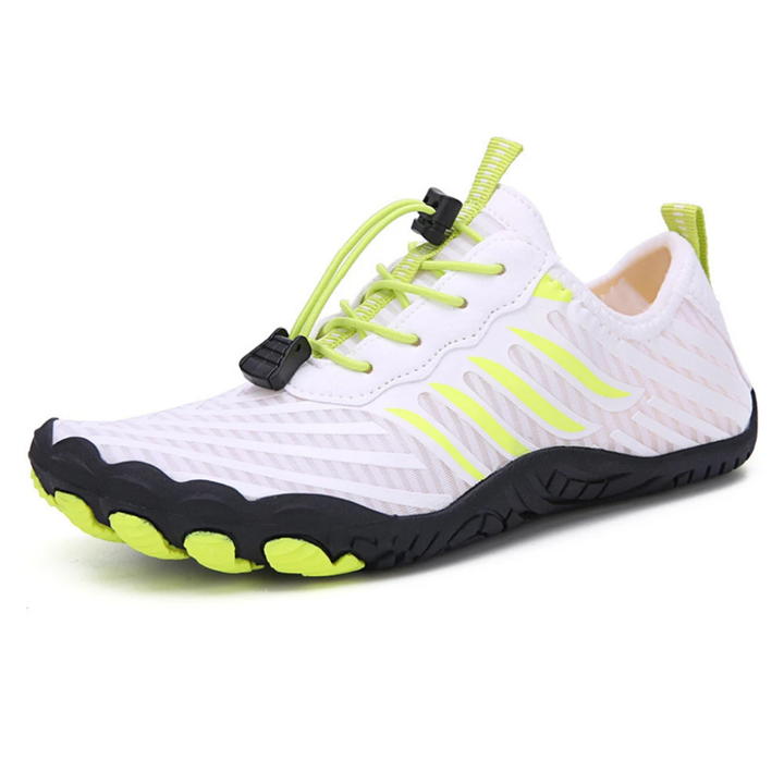 Athletic barefoot footwear for training, showcasing a wide toe box and flexible sole