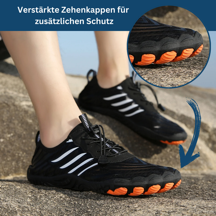 Close-up of minimalist training shoe sole, highlighting flexibility and zero drop construction