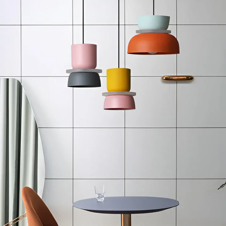 Energy-efficient LED Macaron pendant light, modern colorful design for contemporary spaces.