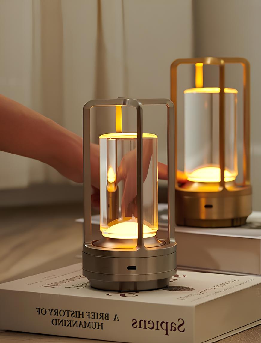 Touch control modern LED lamp, cordless and dimmable, perfect for bedside, office, or accent lighting.