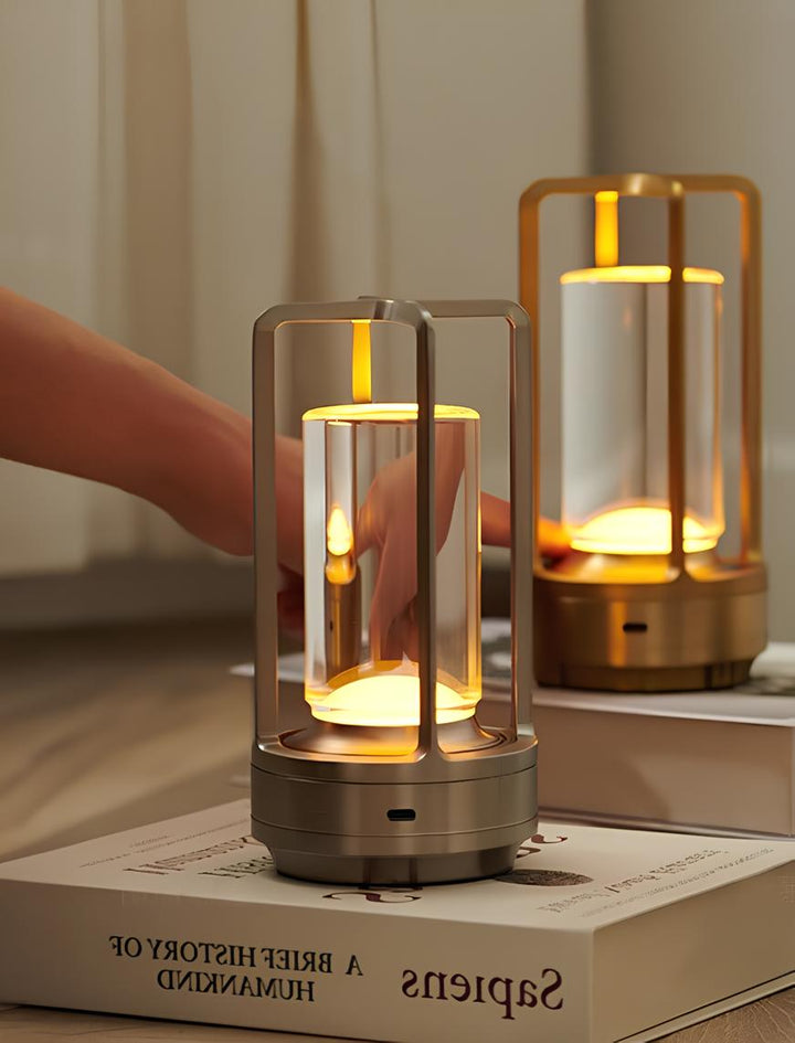 Touch control modern LED lamp, cordless and dimmable, perfect for bedside, office, or accent lighting.