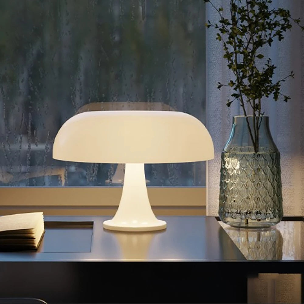 Danish design inspired modern mushroom table lamp. Dimmable LED provides adjustable light for home decor.