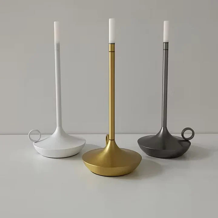 Wireless rechargeable table lamp with dimmable LED candle effect. Portable modern ambient light for any room.