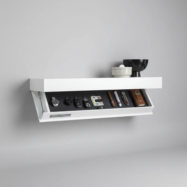 Stylish floating wood shelf with concealed storage, perfect for entryway, living room, or kitchen organization.