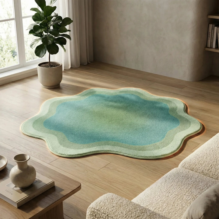 Gradient area rug with soft plush waves; modern Flowique design perfect for contemporary bedroom or living room.