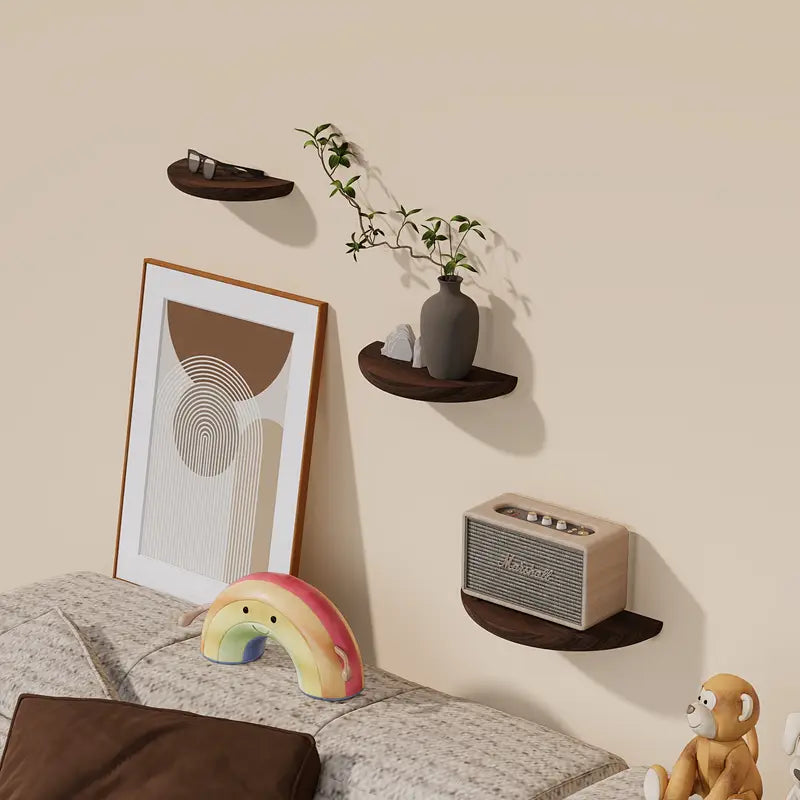 Elegant half-round floating shelf, ideal for living room decor & displaying small items. Modern wall mounted design.
