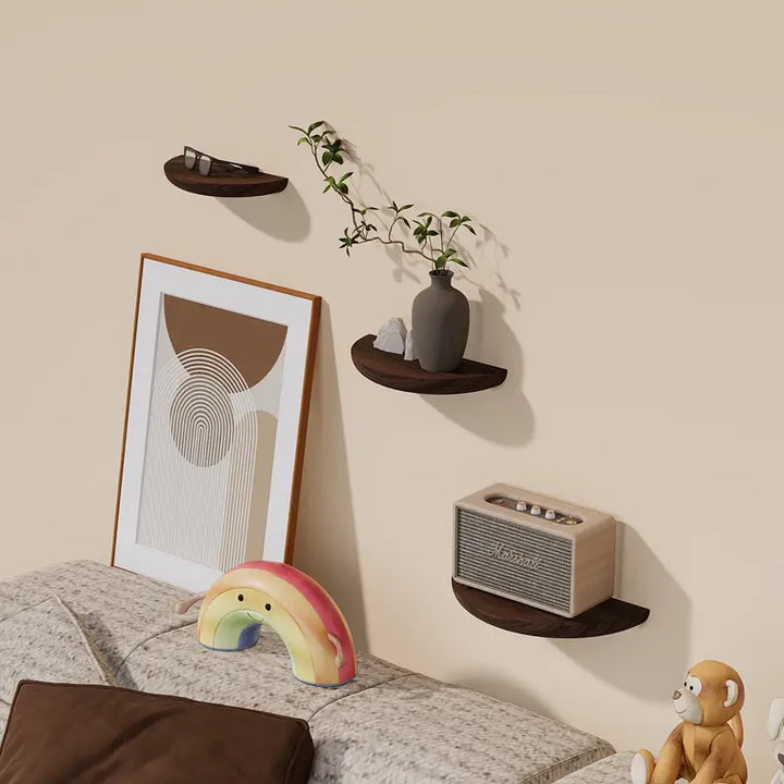 Elegant half-round floating shelf, ideal for living room decor & displaying small items. Modern wall mounted design.