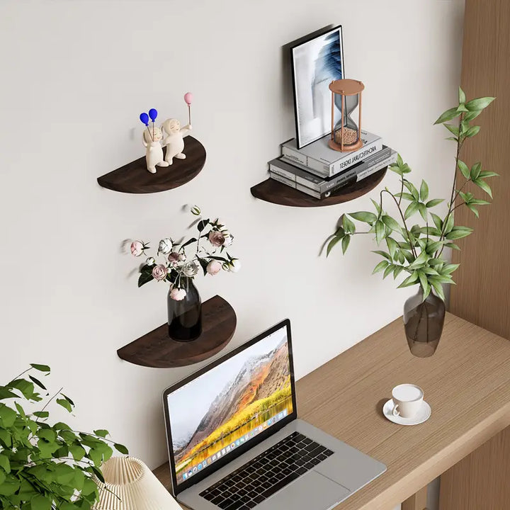 Functional half-round floating shelf, easy to mount. Enhances modern home decor, offering a sleek wall display.