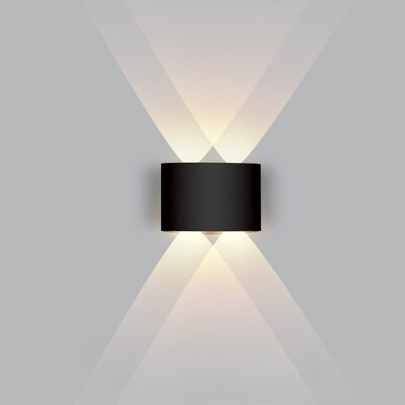 Weatherproof LED wall fixture, modern design for garden & patio illumination.