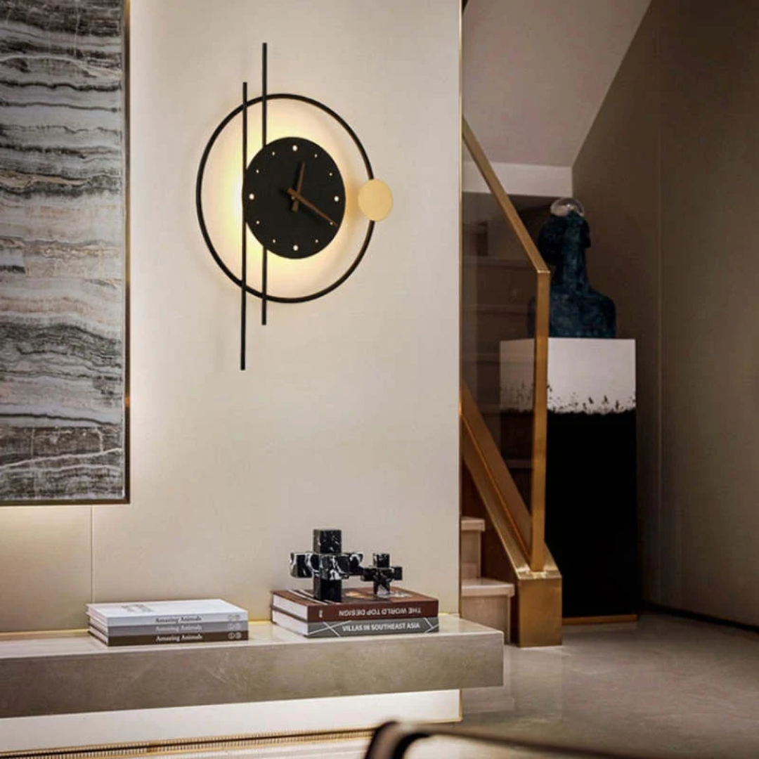 Warm white LED wall clock lamp, a stylish glow for modern living spaces and functional decor.