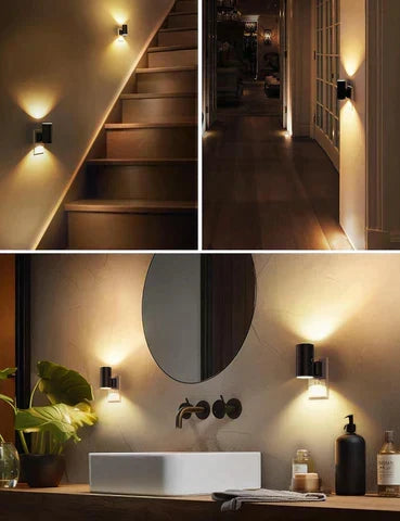 Energy-efficient modern LED wall lamp with warm white ambient light. Integrated auto dusk sensor for automatic indoor illumination.