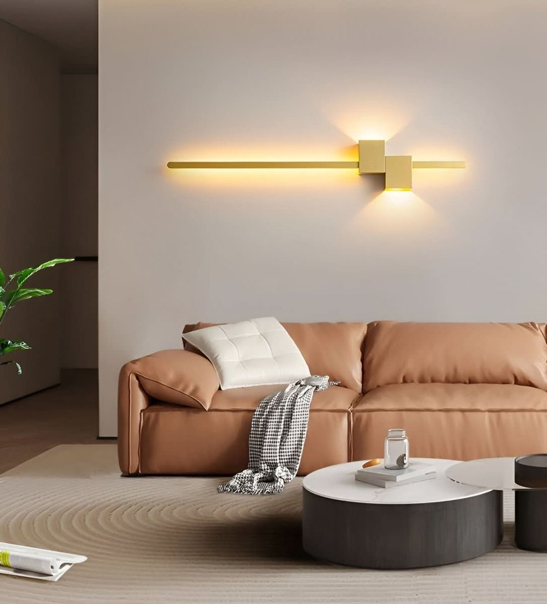 Sleek LED linear wall fixture, ideal accent lighting for modern living rooms or hallways.