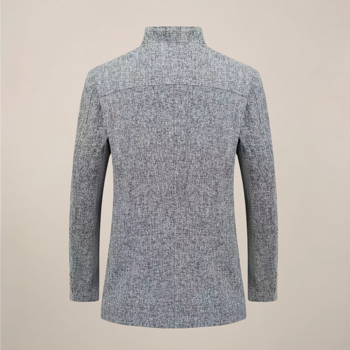 Elegant gray men's stand collar jacket. Single-breasted tailored blazer, ideal for smart casual or spring business looks.