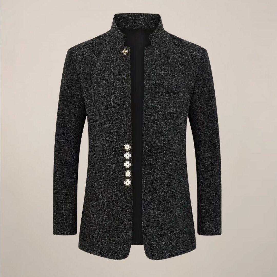 Tailored dark blue men's stand collar jacket. Modern single-breasted blazer, ideal outerwear for autumn & spring.
