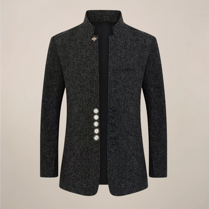 Tailored dark blue men's stand collar jacket. Modern single-breasted blazer, ideal outerwear for autumn & spring.