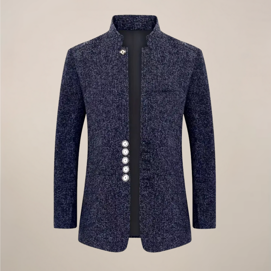 Smart men's single-breasted blazer with stand collar. Elegant tailored jacket for business or modern smart casual wear.